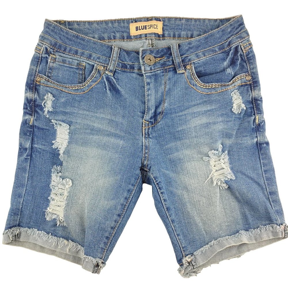 Women's Juniors Blue Spice Distressed Jean Shorts